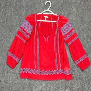 Joie Womens Red Embroidered Peasant Blouse XXS Tassels Boho Top Festival Concert